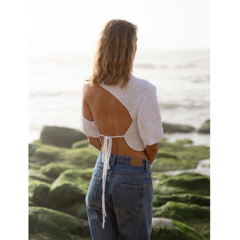 The Knotty Ones Lake Galve Linen Top Natural Cream Open Back Knit Small